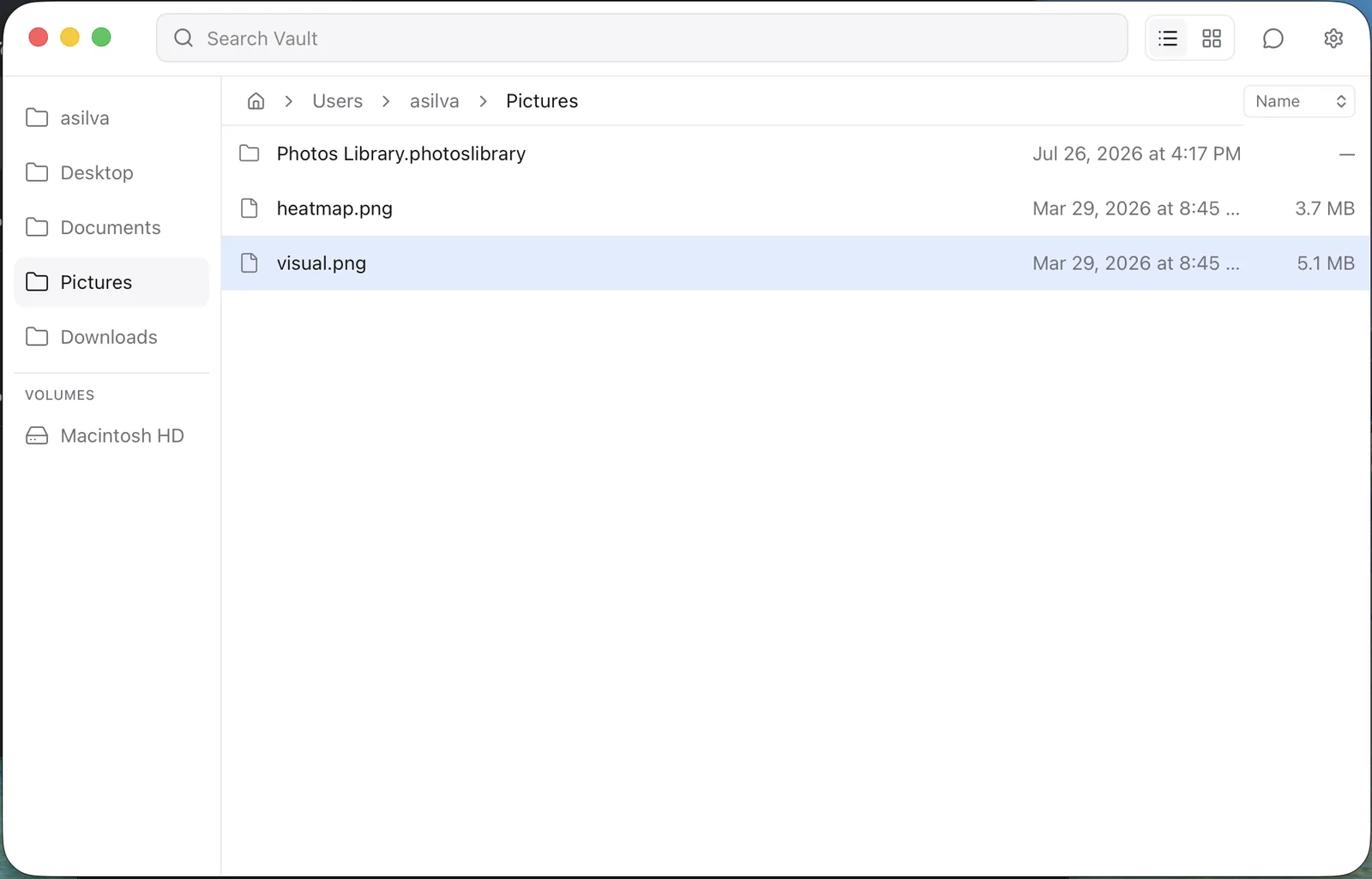 Vault file manager showing search-first navigation with a pinned rail and a virtualized file list