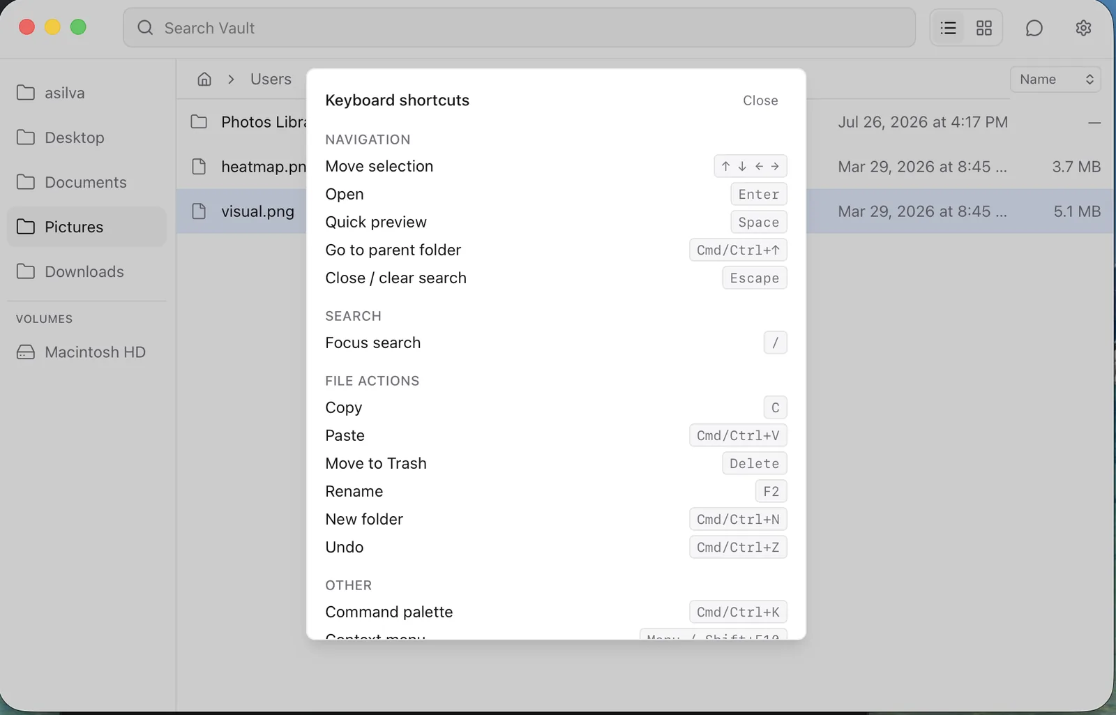 Vault keyboard shortcut map showing search, navigation, preview, and command palette bindings